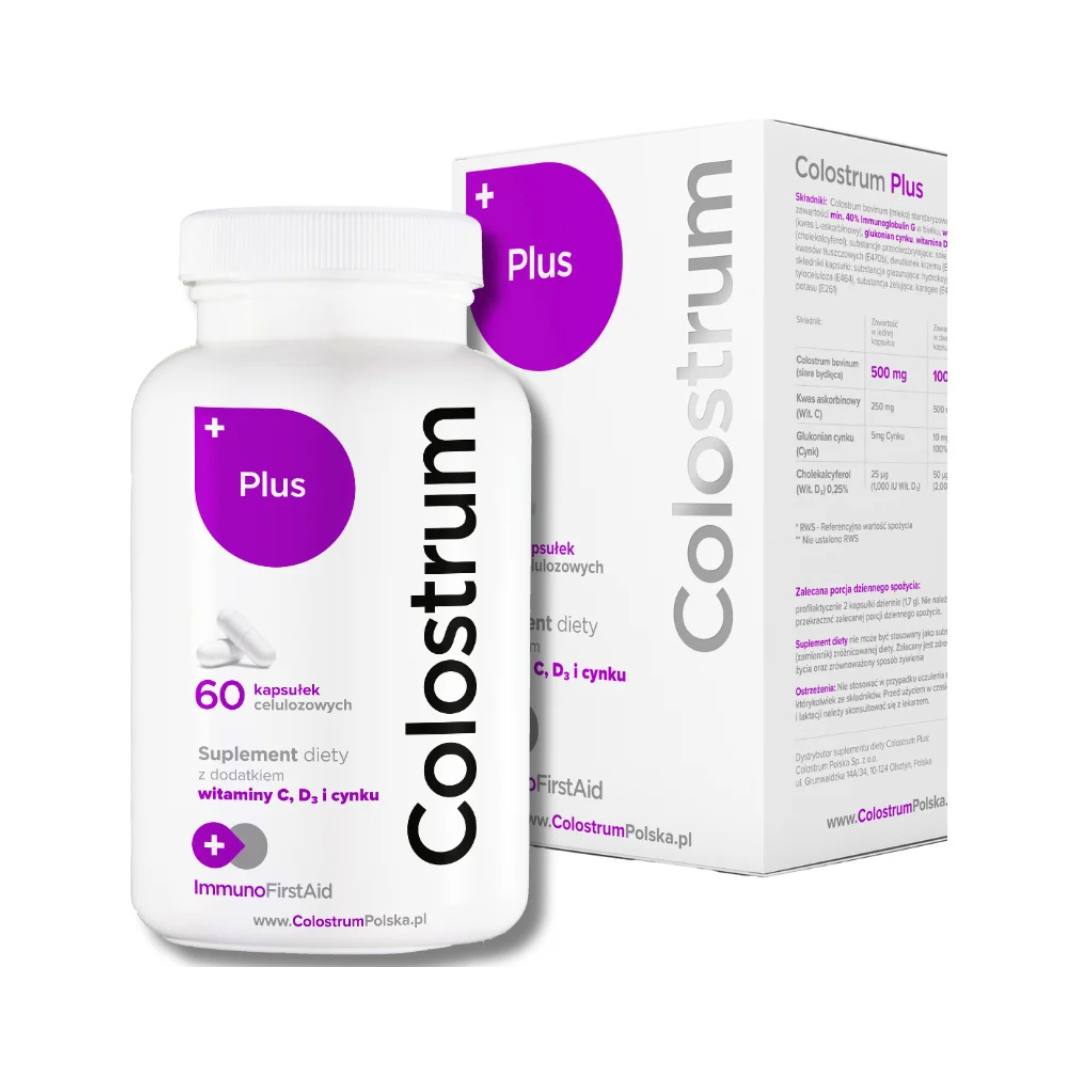 Colostrum PLUS 40% IgG Wit. C, D i Cynk ImmunoFirstAid 500mg